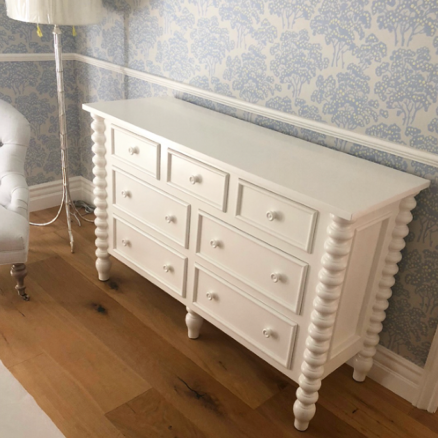 Gwendoline Spindle Extra Wide Dresser Pink Salt / Wood Knobs Gwendoline Spindle Extra Wide Dresser Pink Salt / Wood Knobs